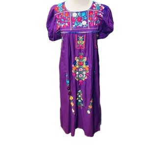 Vintage Purple Mexican Handmade Oaxacan Huipil Embroidered Floral Dress